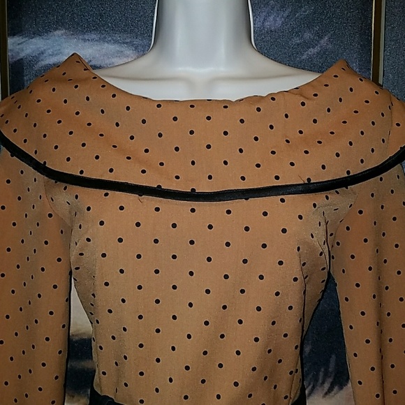 Tatyana Iced Coffee 1940's Mocha Polka Dot 3/4 Sleeve Military Pinup Swing Dress - Picture 7 of 9